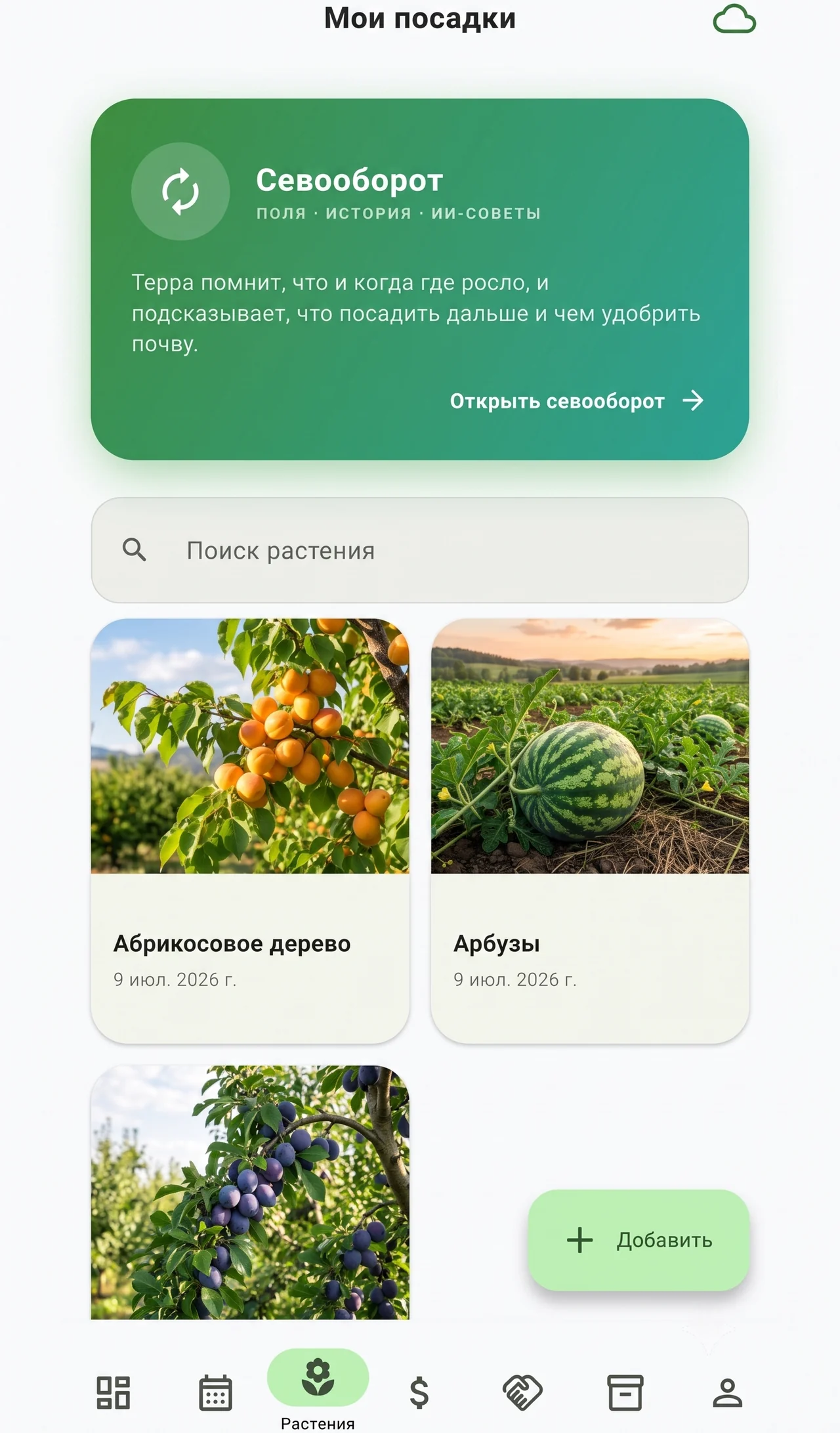Реальный экран приложения Terra — «Мои посадки»: карточки культур и севооборот